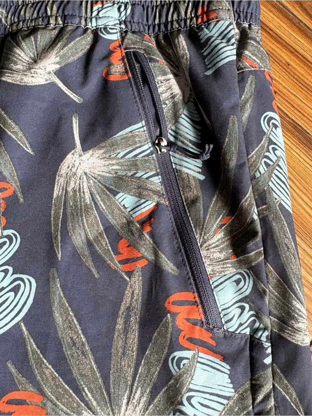 Patagonia Navy Tropical Palm Print Swim Trunks